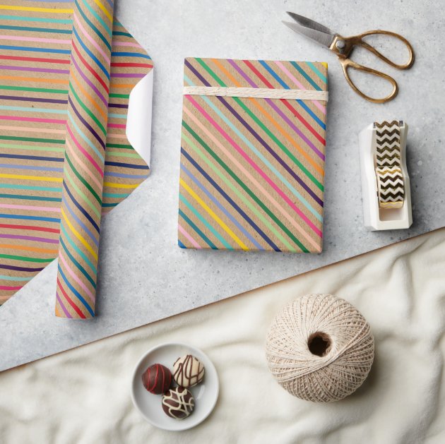 Colorful Stripe Pattern On Rustic Faux Brown Kraft Wrapping Paper